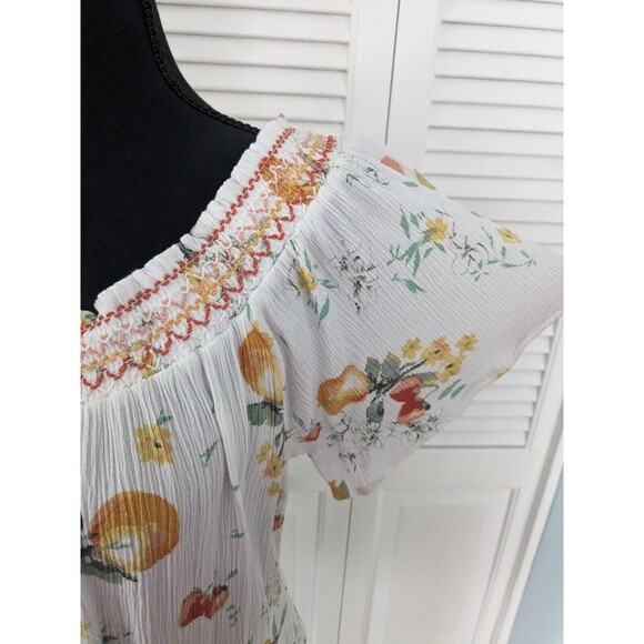 Maurices Top Womens Sz M Citrus Print Crinkle Short Sleeve Smock Elastic Ruffle - Picture 4 of 12